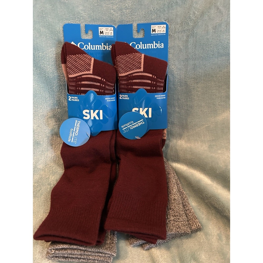 Lot 2 - 2 packs Columbia Men's 6-9 Women's 8-11.5 Ski Rich Wine/Grey Socks(C3)